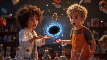 In a vibrant, cinematic photograph rendered in a hyper-realistic, Pixar-inspired style, a dynamic science fair duo unwittingl