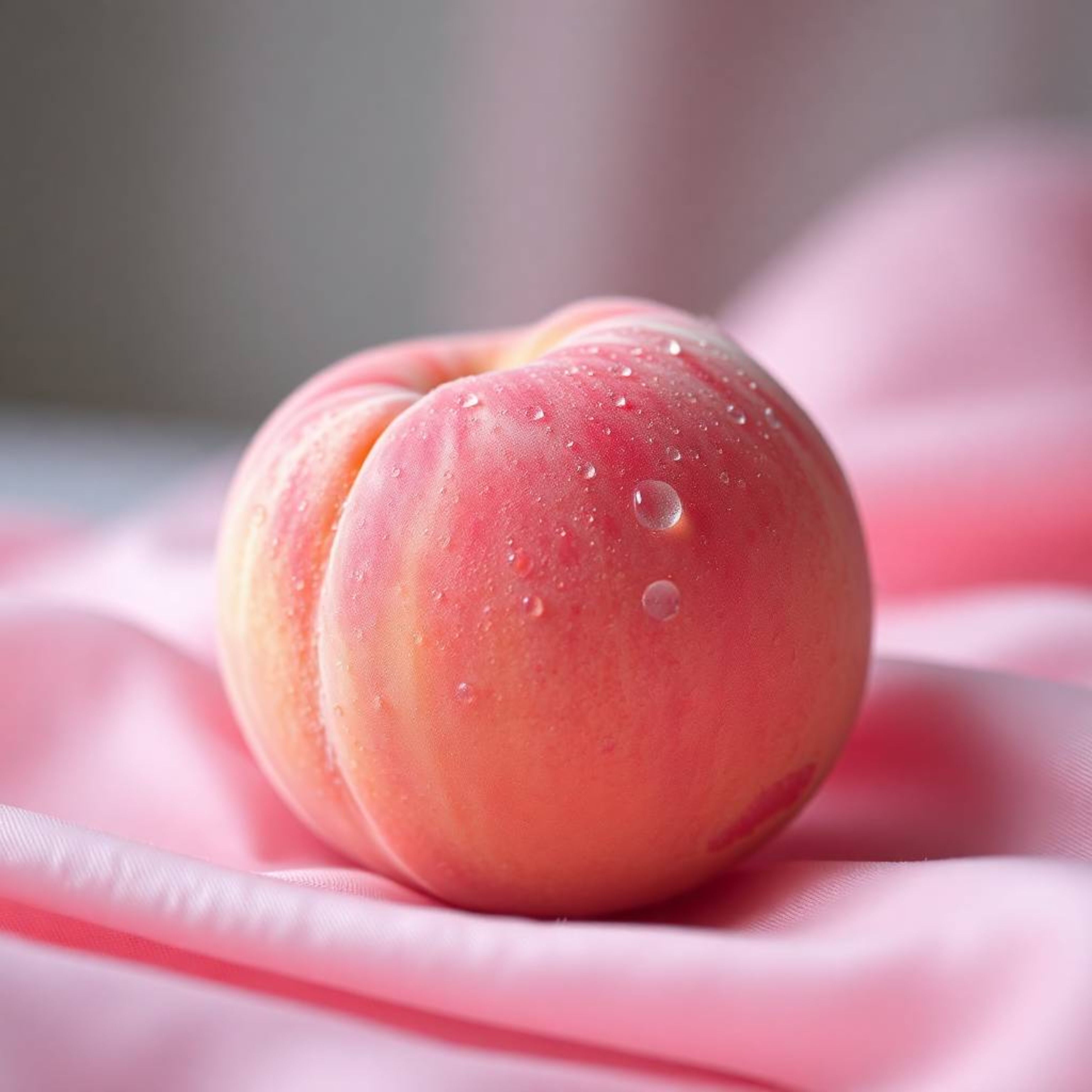 A captivating low-angle close-up ASMR image featuring a blushing pink peach adorned with a fuzzy texture and glistening dew d