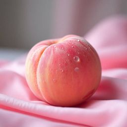 A captivating low-angle close-up ASMR image featuring a blushing pink peach adorned with a fuzzy texture and glistening dew d