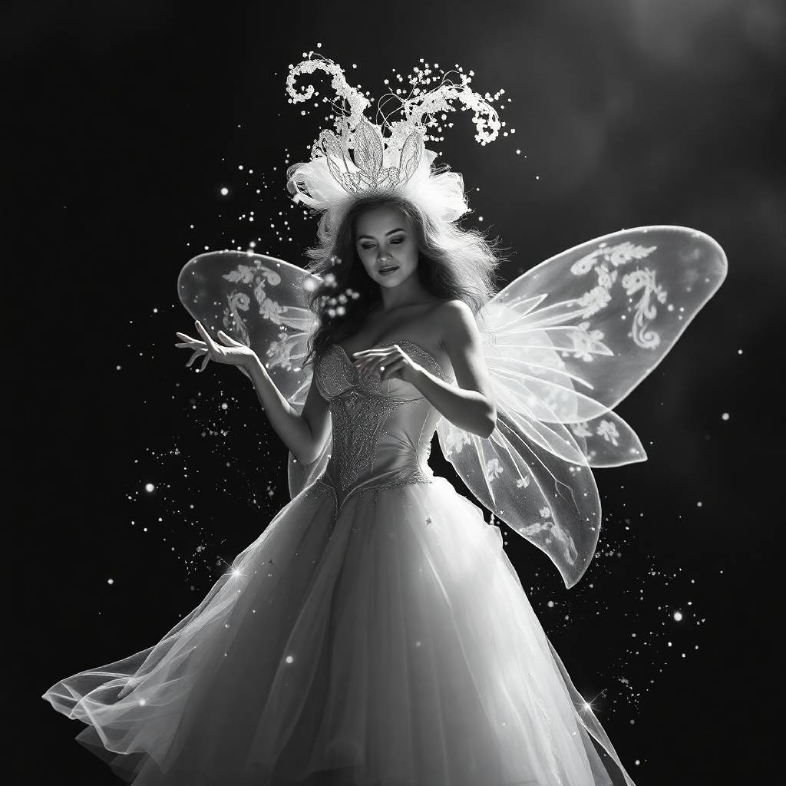 A classic black and white photograph captures a timeless and elegant fairy godmother emerging from a swirl of sparkles. The