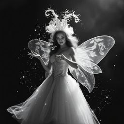 A classic black and white photograph captures a timeless and elegant fairy godmother emerging from a swirl of sparkles. The