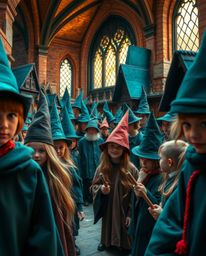 A captivating close-up shot reveals a magical school brimming with young wizards. The scene masterfully blends warm terracott