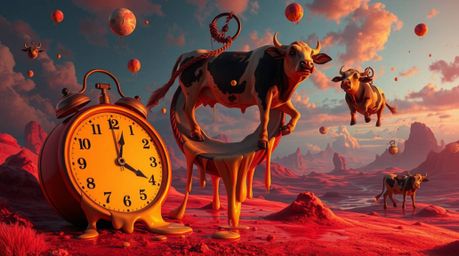 Dive into a surreal dreamscape where melting clocks and floating cows drift amidst a warm palette of reds, oranges, and yello