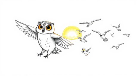 A heartwarming hand-drawn sketch in the style of Pixar depicts a blind owl with soft, detailed feathers and expressive eyes. 