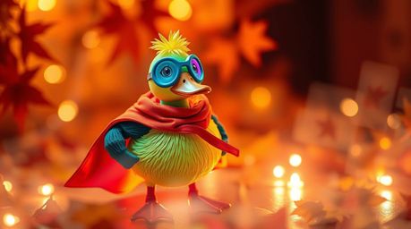 Immerse yourself in warm autumnal colors and creative light art featuring a duck in a zany superhero costume.  This piece ble