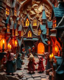Discover a whimsical magical school brimming with young wizards, beautifully rendered in a warm, layered papier-mâché style. 