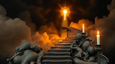 A captivating cast bronze sculpture depicts a surreal stairway ascending through smoky clouds towards a radiant celestial lig