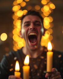 A captivating image showcasing a person screaming amidst a world dissolving into pixels.  Warm candlelight creates a blurred 