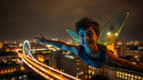 Experience the magic of London at night as a young boy with tan skin soars above the city with the aid of pixie dust. This lo