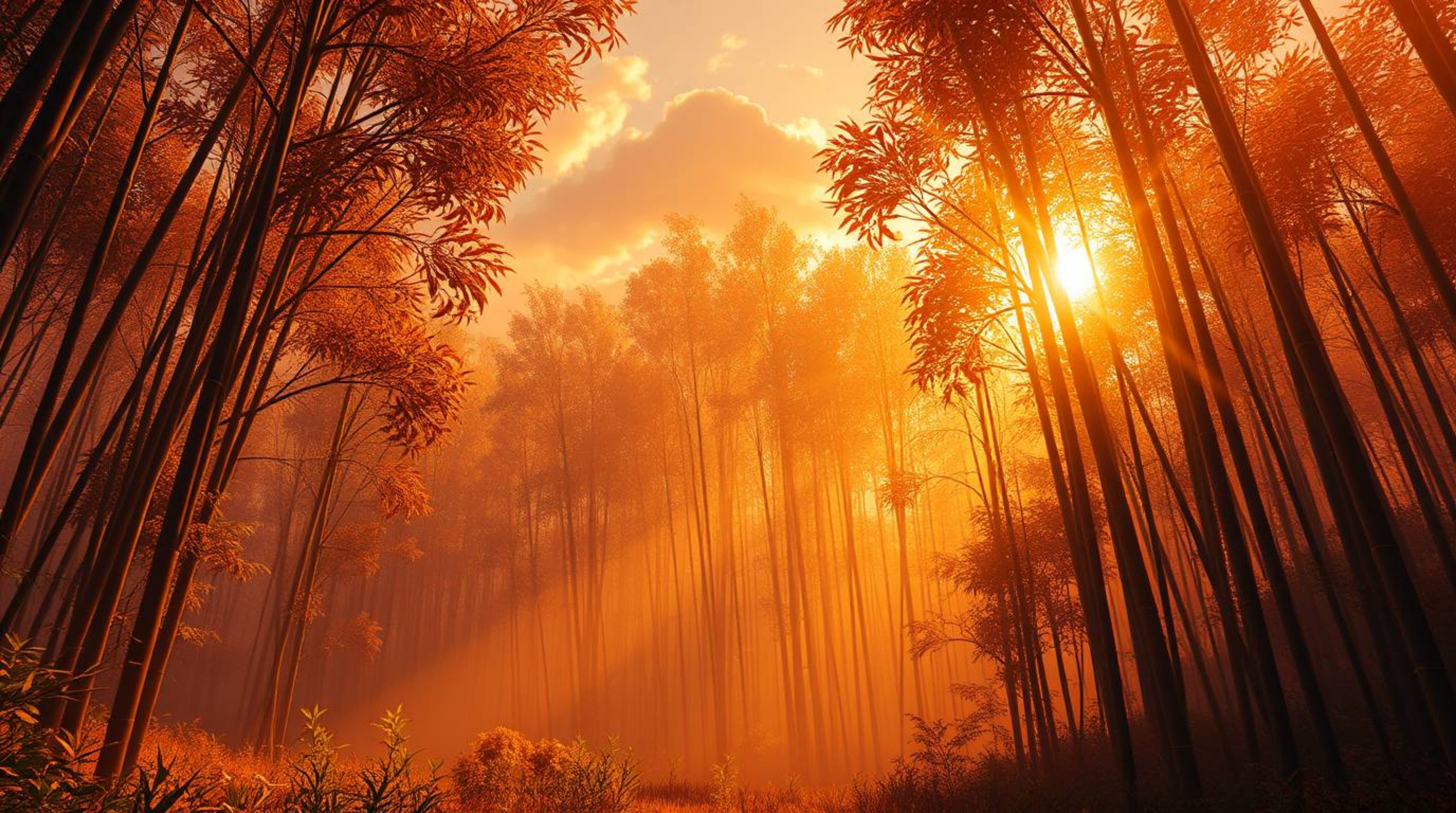 Immerse yourself in an epic, modern, future-themed scene featuring a massive bamboo forest bathed in the warm, inviting light