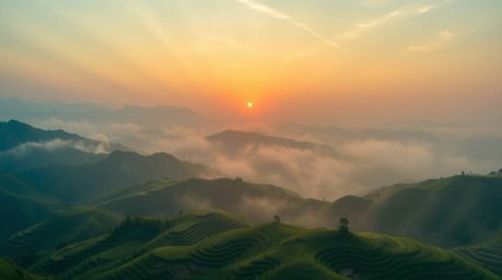A stunning high-resolution stock photo captures a breathtaking sunset over picturesque mountain rice terraces.  Volumetric li
