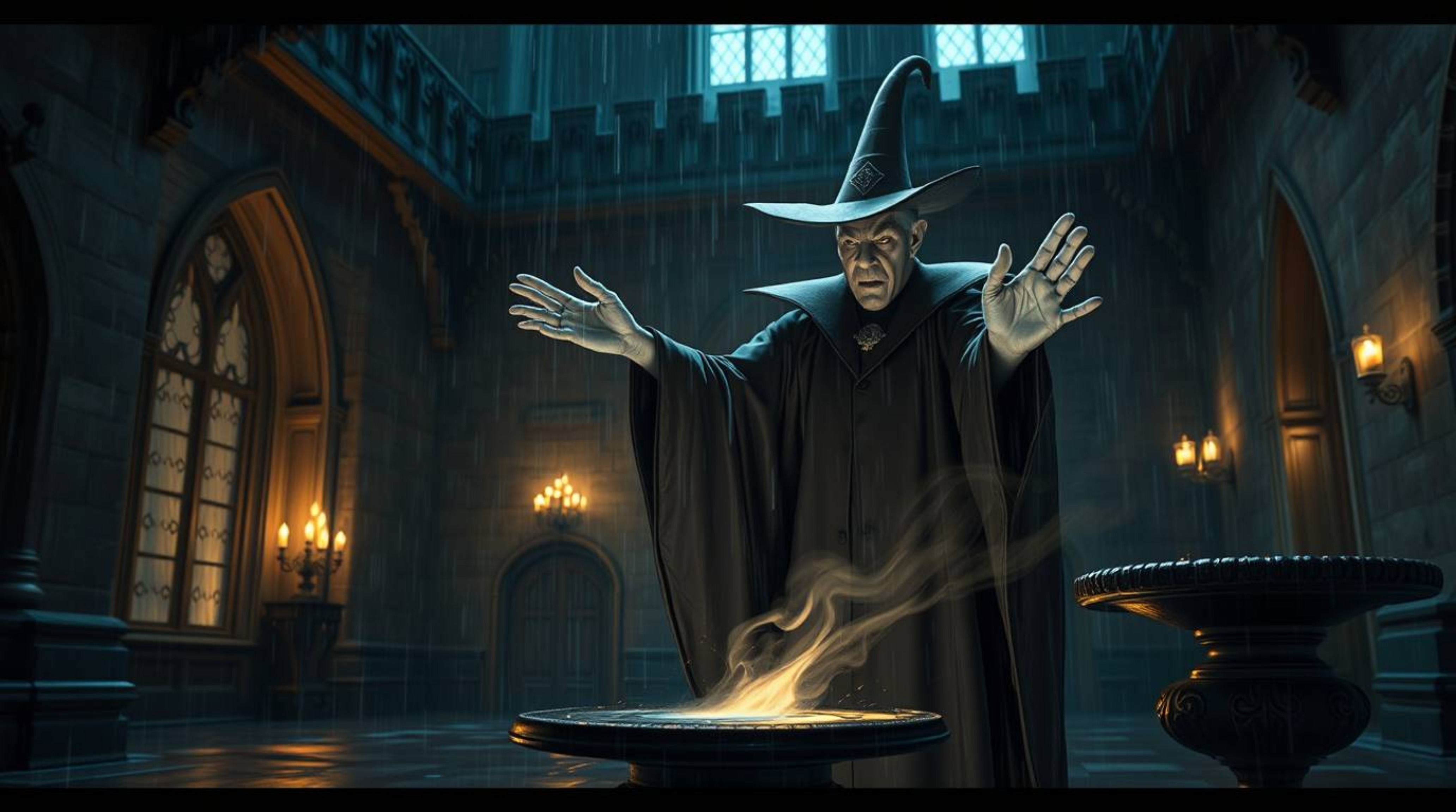 Immerse yourself in a dreamlike and surreal scene featuring a classic Disney villain casting a spell within the confines of a