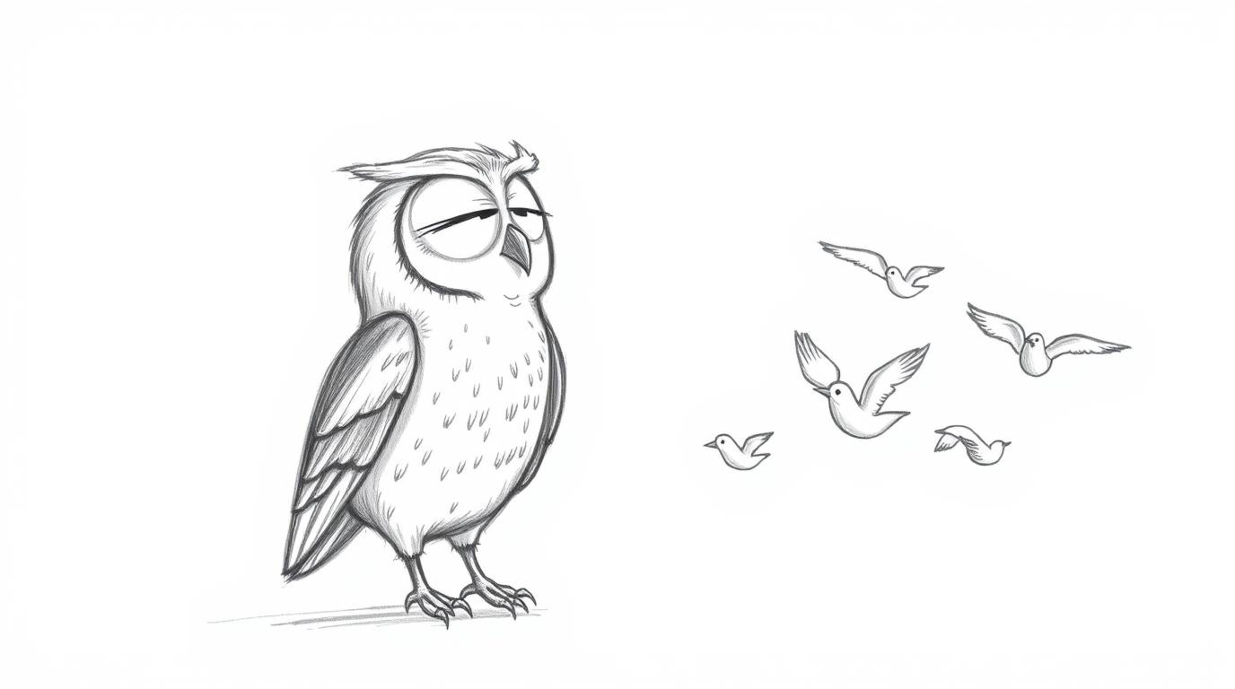 A heartwarming hand-drawn sketch reminiscent of Pixar's style depicts a blind owl, with its large eyes gently closed, guiding