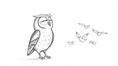 A heartwarming hand-drawn sketch reminiscent of Pixar's style depicts a blind owl, with its large eyes gently closed, guiding