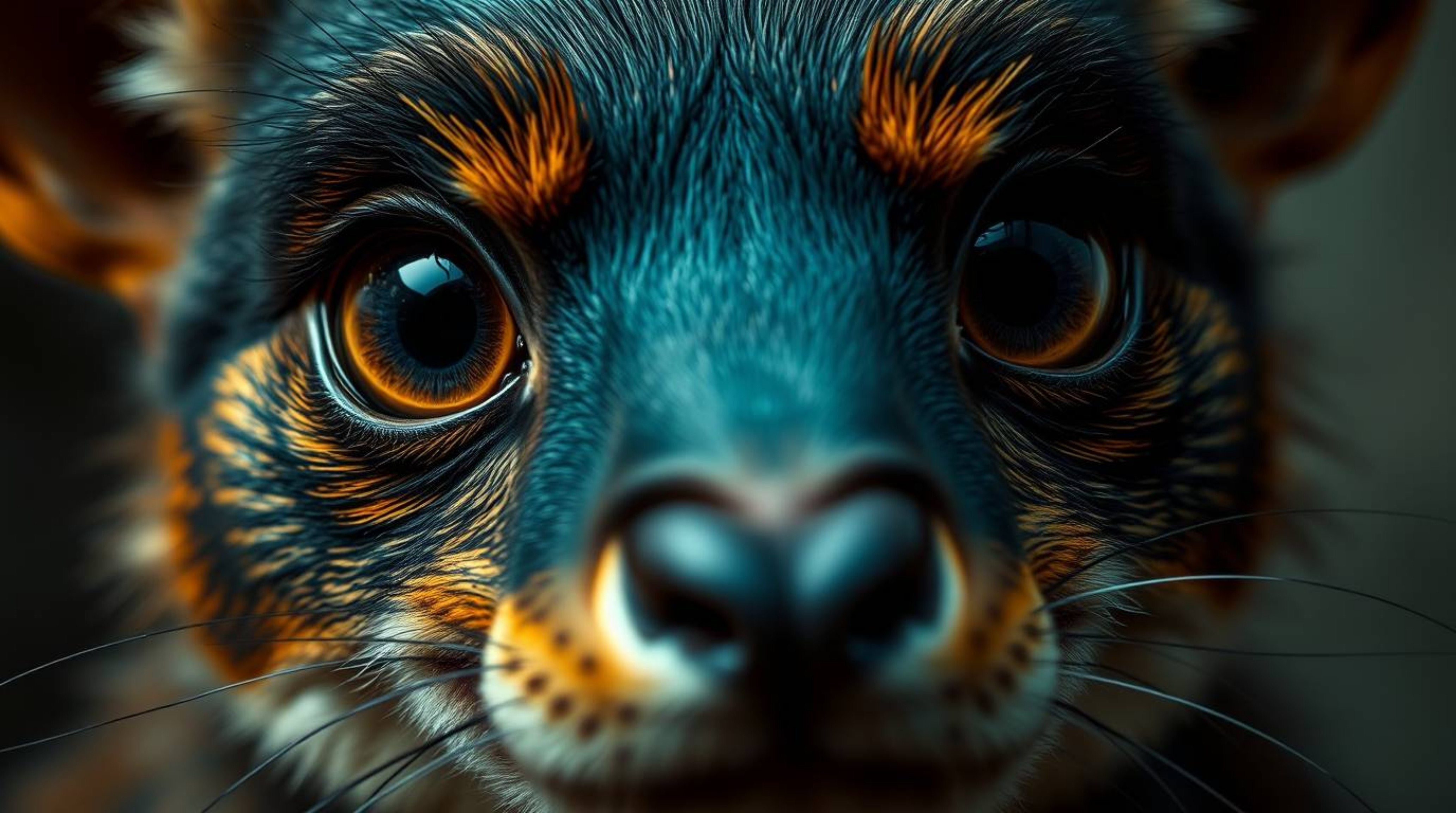 A captivating close-up reveals a sarcastic animal sidekick, its expressive eyes full of personality.  Rich, deep teal tones c