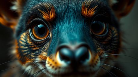 A captivating close-up reveals a sarcastic animal sidekick, its expressive eyes full of personality.  Rich, deep teal tones c