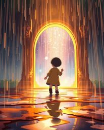 A captivating Isekai-style anime illustration depicts a child's wondrous discovery of a magical portal during a warm, golden-