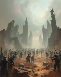 Explore a digital painting of a time-warped battlefield featuring soldiers and crumbling buildings, bathed in soft pastel col