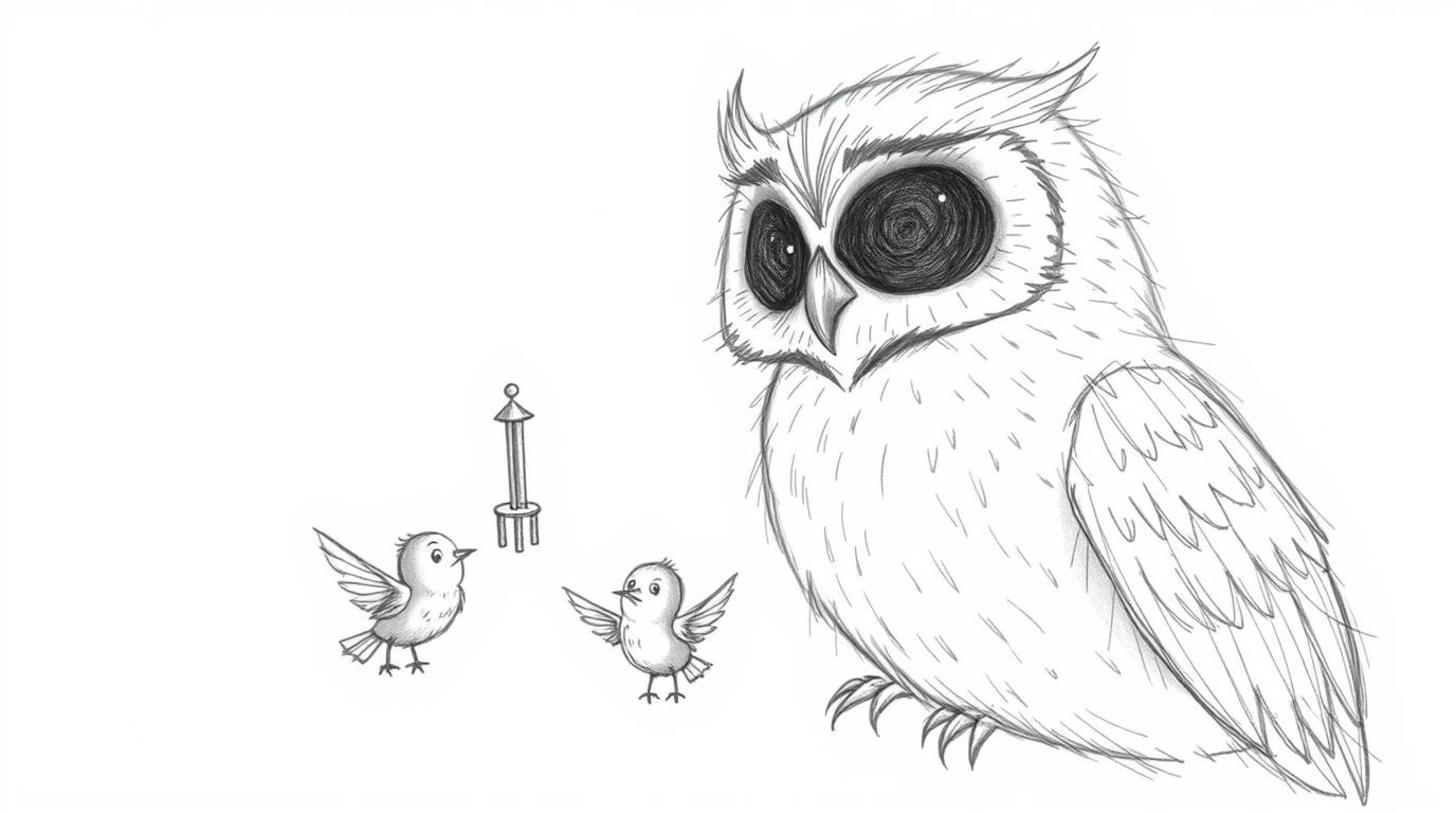 A heartwarming, hand-drawn sketch in the style of Pixar depicts a gentle, blind owl with soft, feathery textures. Using wind 