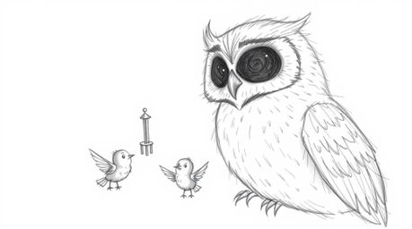 A heartwarming, hand-drawn sketch in the style of Pixar depicts a gentle, blind owl with soft, feathery textures. Using wind 