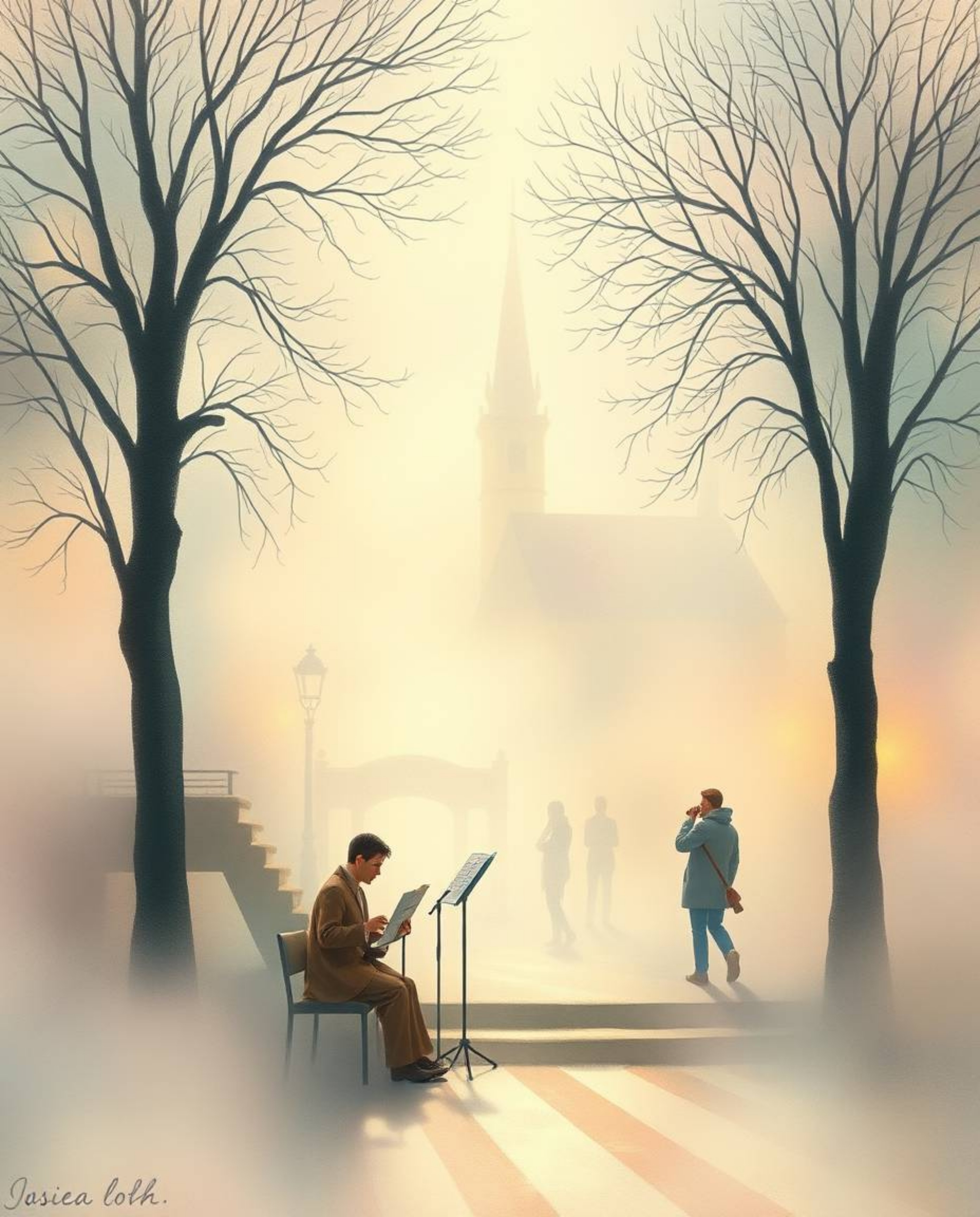A captivating pastel painting portrays a serene musical performance in a vibrant town square, shrouded in a thick, atmospheri