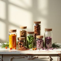 A captivating still life composition featuring a collection of small, glass jars filled with aromatic spices and herbs like t