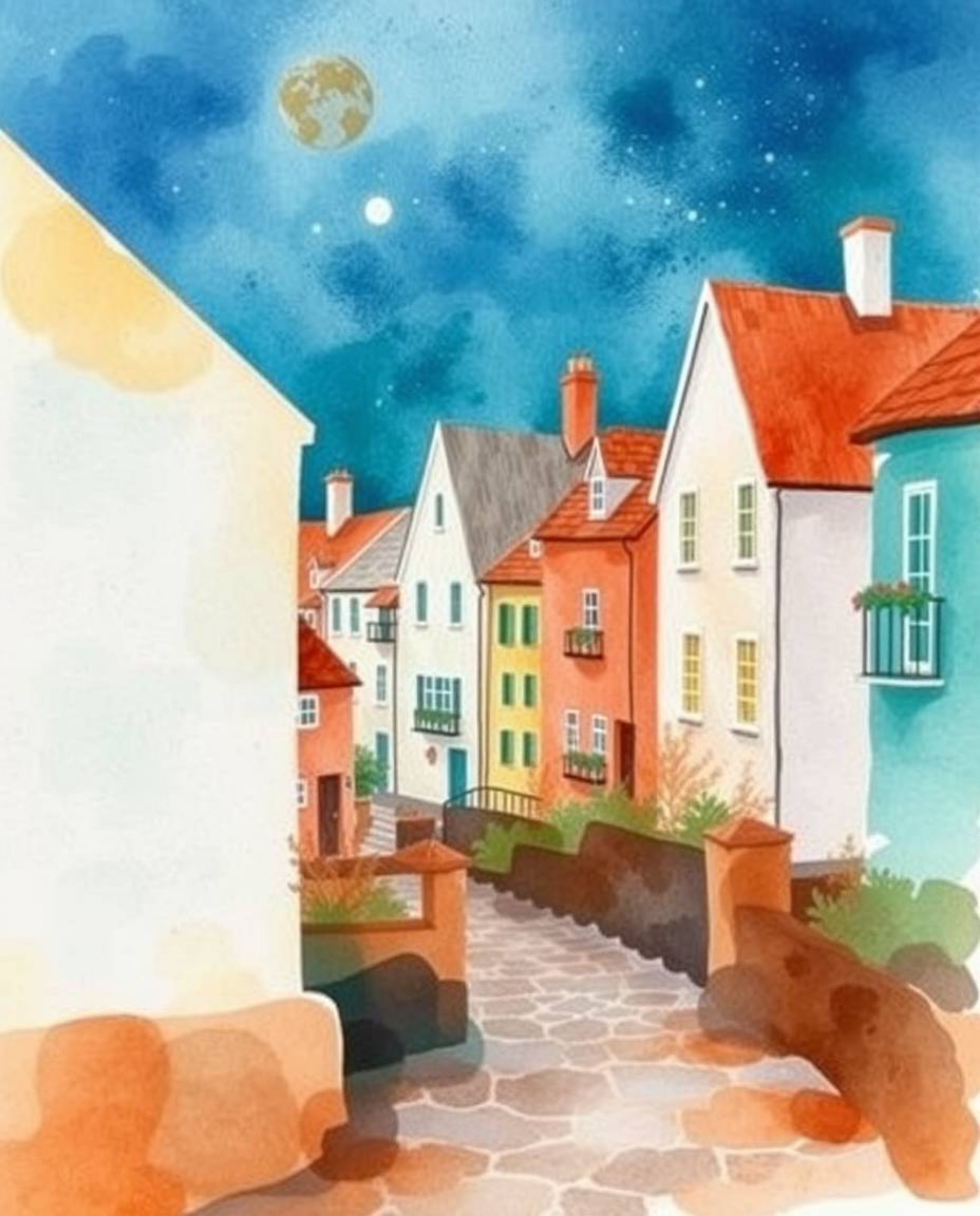 Discover a charming watercolor painting depicting a sleepy town with pastel-colored houses.  The artwork features a captivati