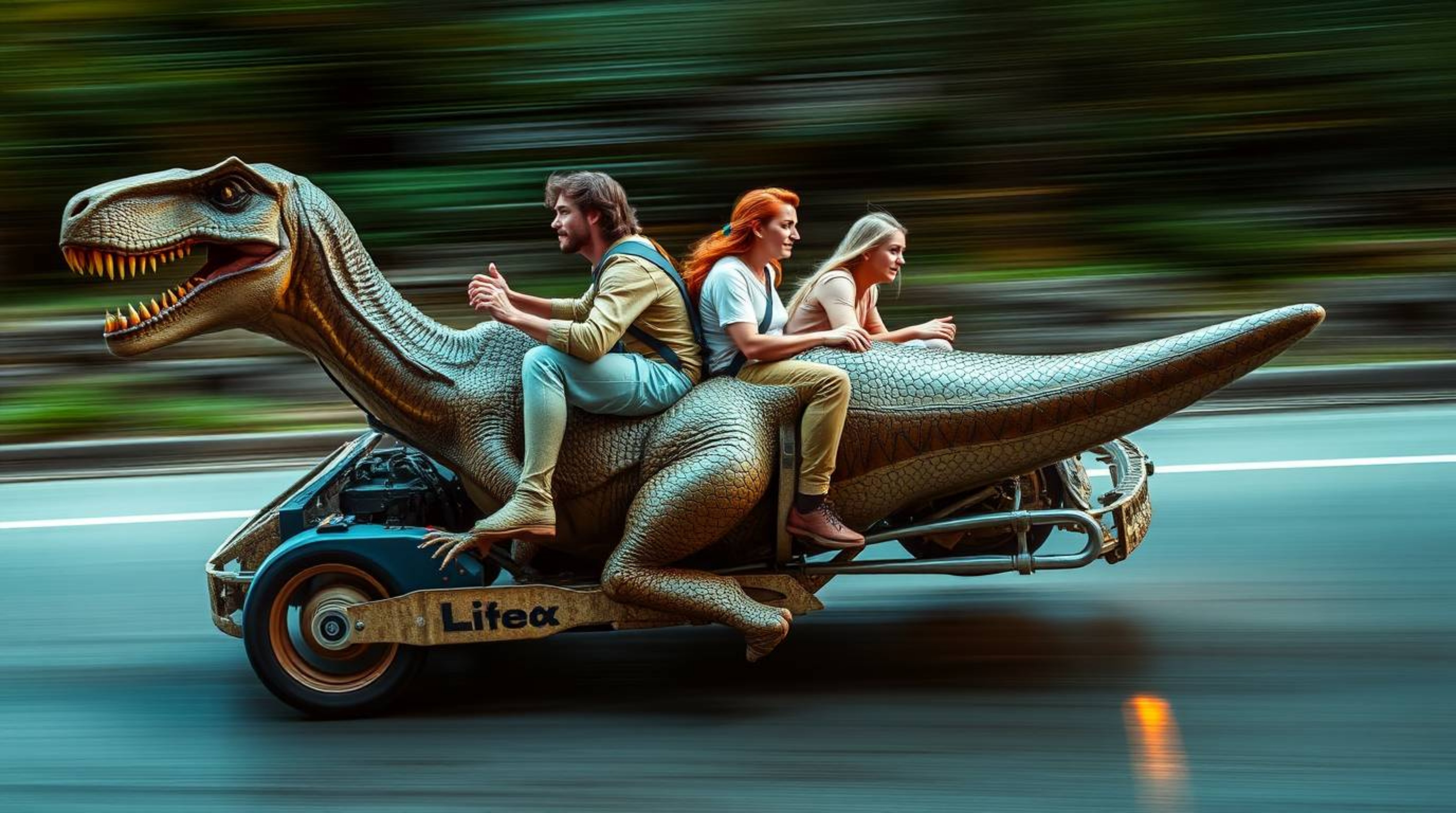 Experience the thrill of a prehistoric family's dynamic car ride on a dinosaur!  This vibrant scene features blurred motion, 