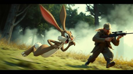 A wacky rabbit with cartoonish proportions is engaged in a dramatic cinematic chase, outrunning a determined hunter. The scen