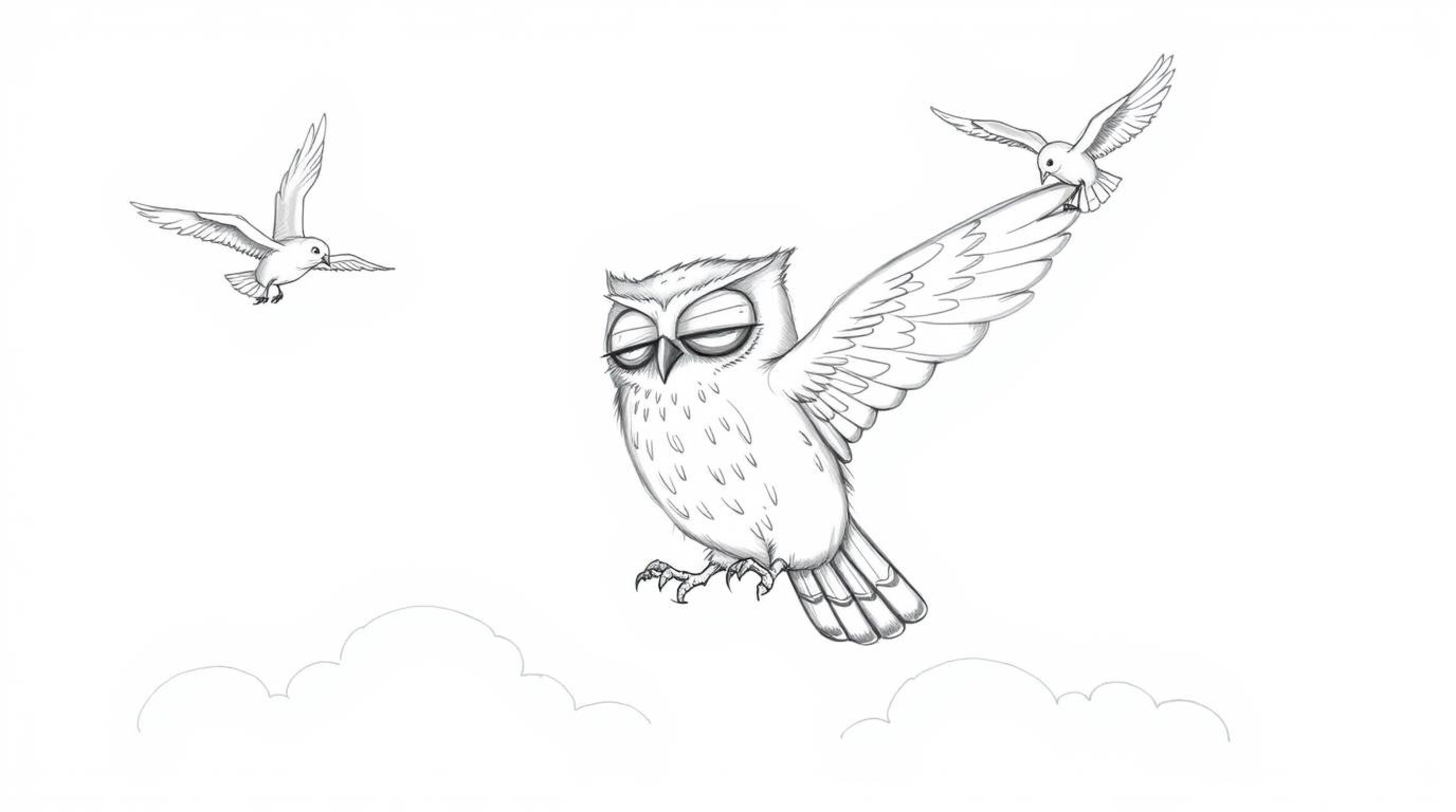 A touching hand-drawn sketch in Pixar style depicts a blind owl, rendered with soft, textured pencil strokes, passionately te
