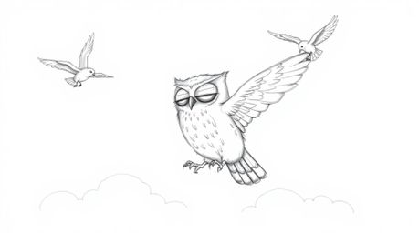 A touching hand-drawn sketch in Pixar style depicts a blind owl, rendered with soft, textured pencil strokes, passionately te