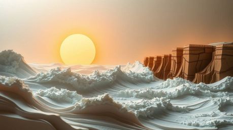 A captivating digital sculpture depicts waves crashing dramatically against cliffs at sunset. Crafted from layered papier-mâc