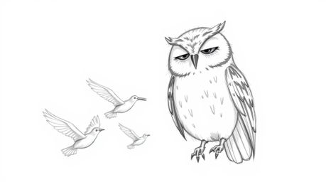 A heartwarming hand-drawn sketch in the style of Pixar depicts a wise, blind owl gently guiding a flock of birds to fly using