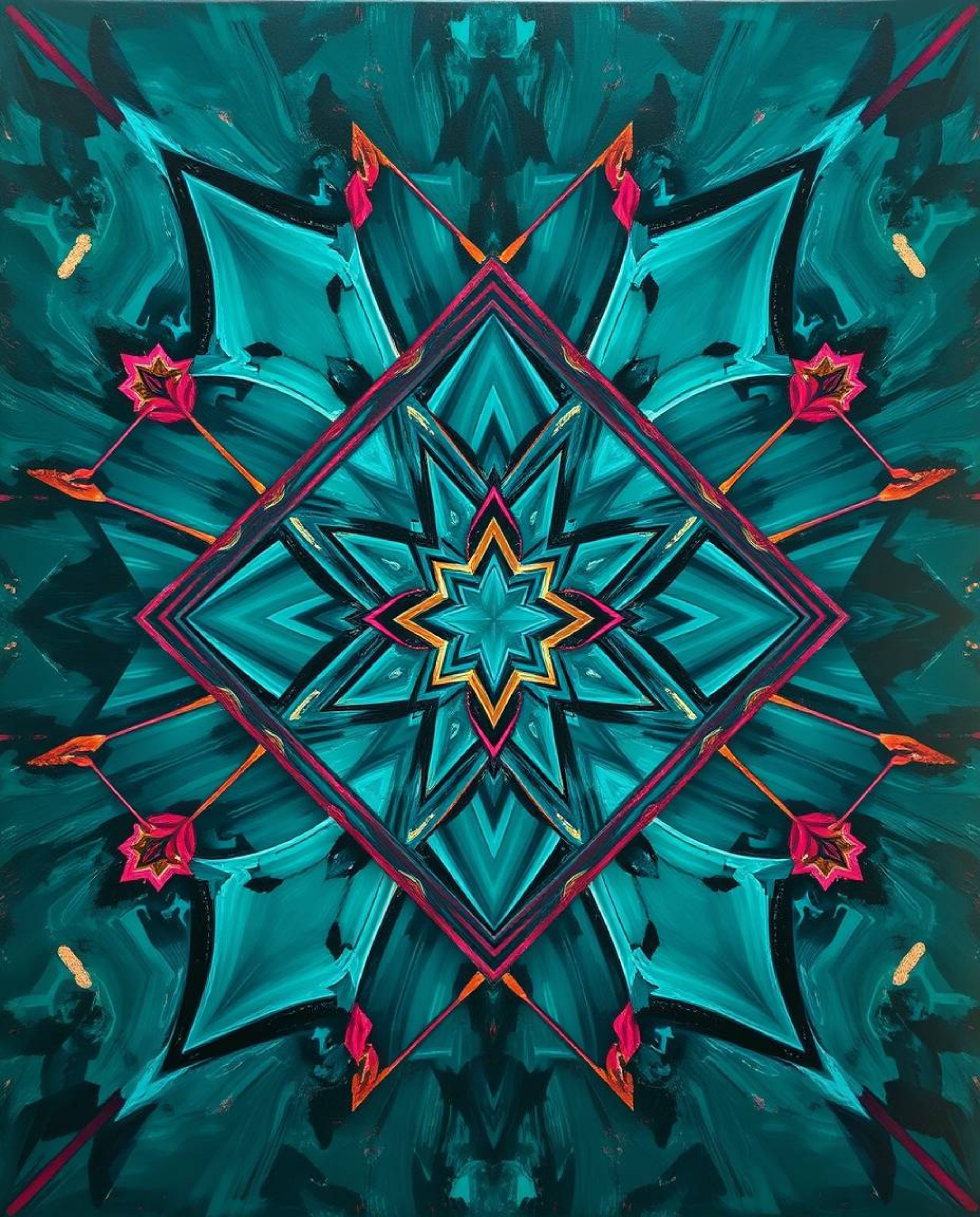 This rich, deep teal acrylic painting features a vibrant and luxurious geometric pattern creating an optical illusion. The ar