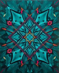 This rich, deep teal acrylic painting features a vibrant and luxurious geometric pattern creating an optical illusion. The ar