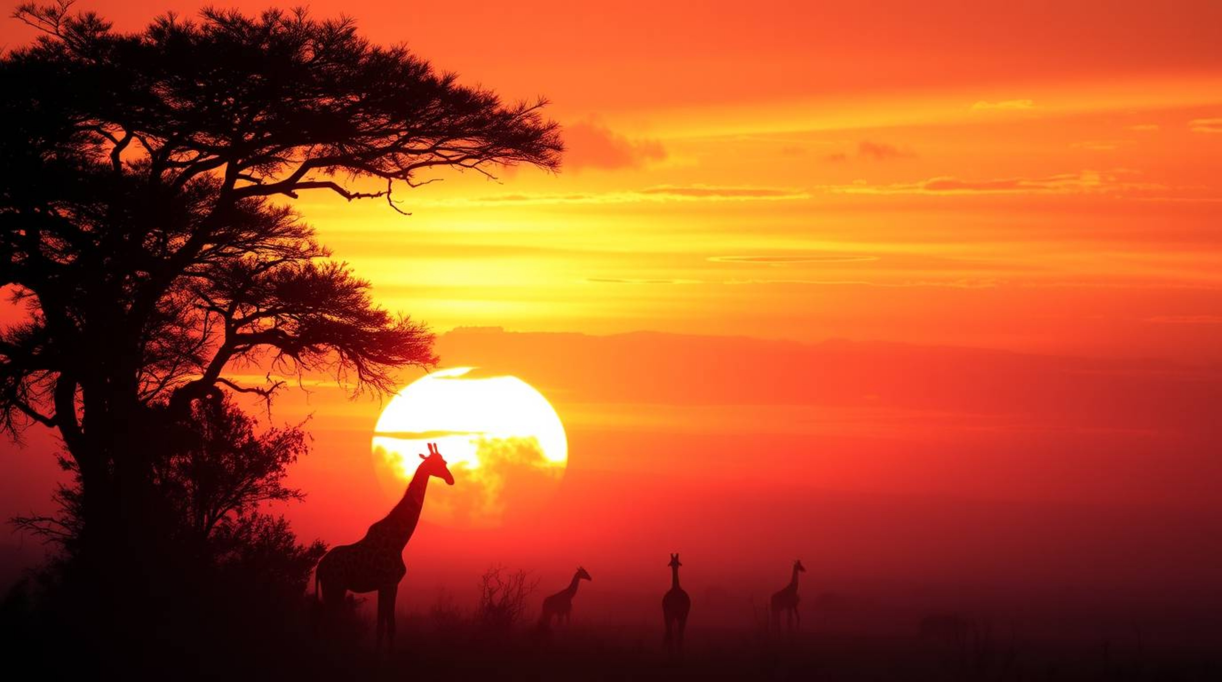 Experience an ethereal spiritual vibe in a sunset savanna scene, where silhouetted giraffes roam amidst a thick fog and low v