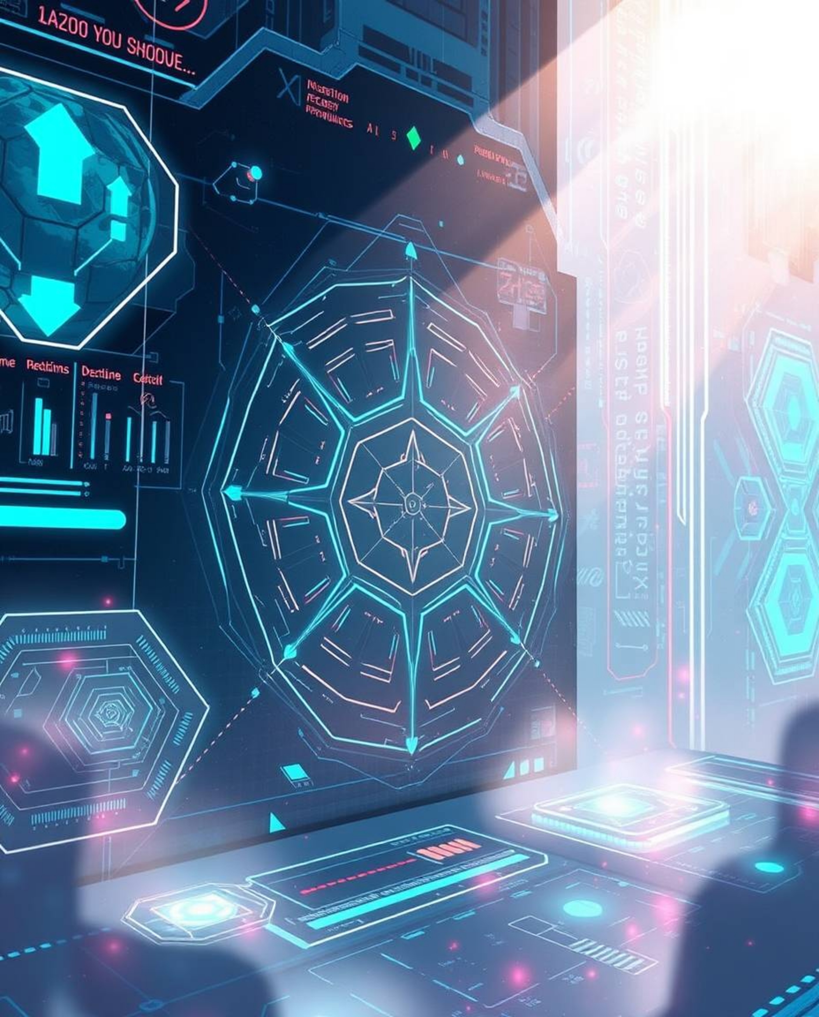 An Isekai anime-style illustration showcasing a futuristic digital interface composed of intricate geometric patterns and hol