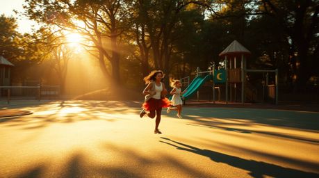 Experience a breathtaking slow-motion journey through a playground bathed in warm golden light. This dreamlike scene unfolds 
