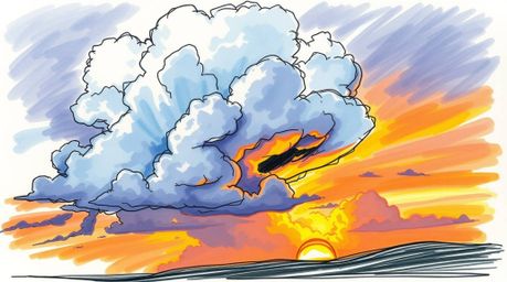 A captivating hand-drawn sketchnote depicts dramatic thunderstorm clouds brilliantly illuminated by a vibrant sunset.  The il