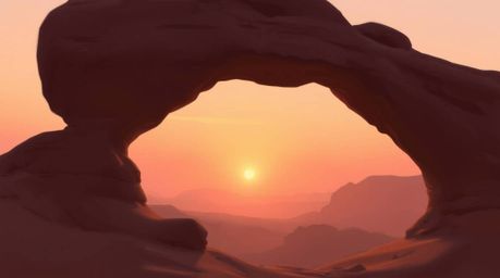 Experience a soft and dreamy atmosphere in this digital painting depicting a hazy sunset scene viewed through a desert rock a
