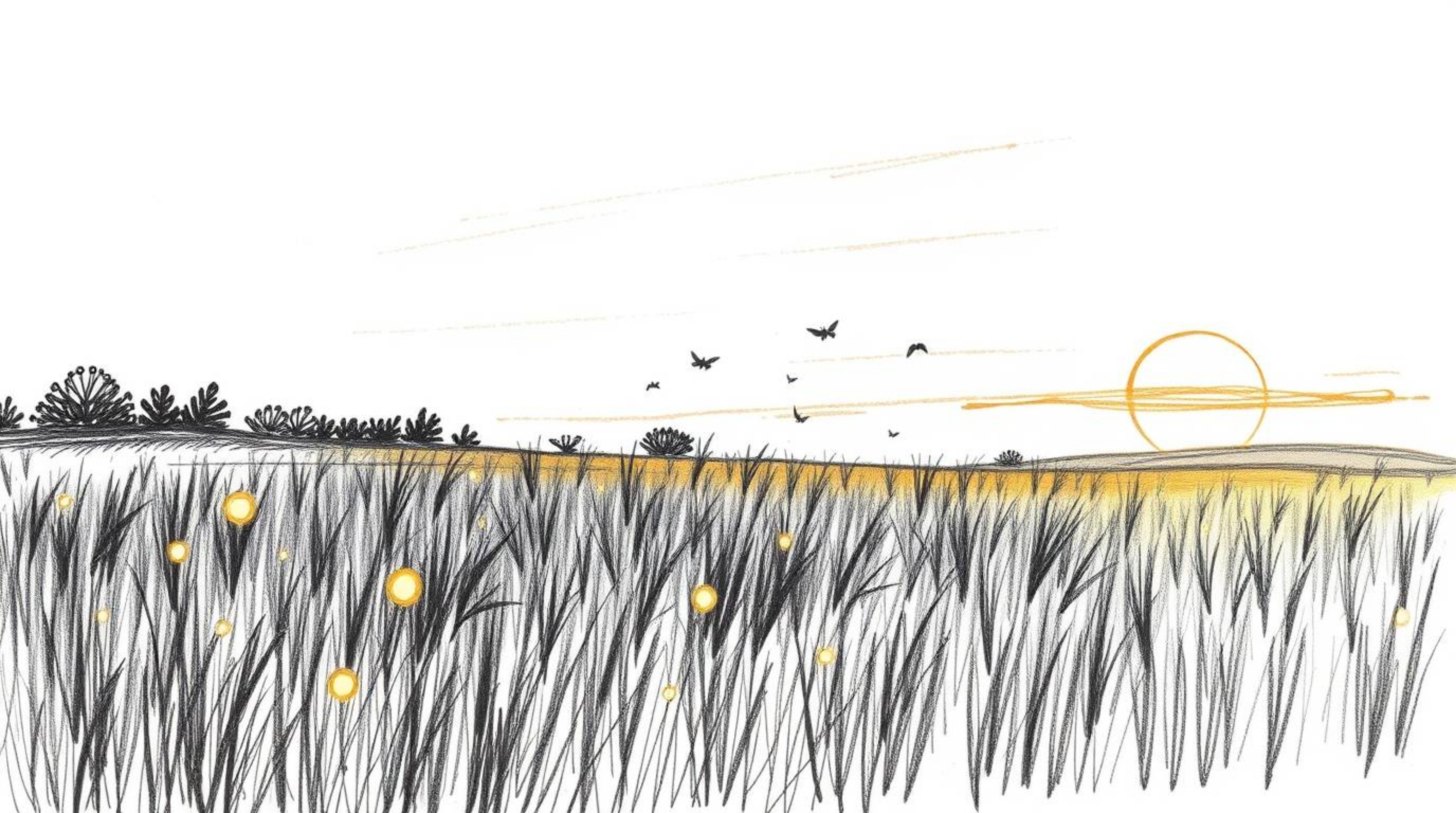 A captivating hand-drawn sketch depicts a dramatic cinematic sunset over a tranquil meadow, where fireflies begin to emerge. 