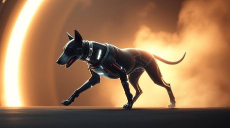 Witness a captivating scene of a futuristic dog autonomously strolling through the vast expanse of space. Rendered with inten