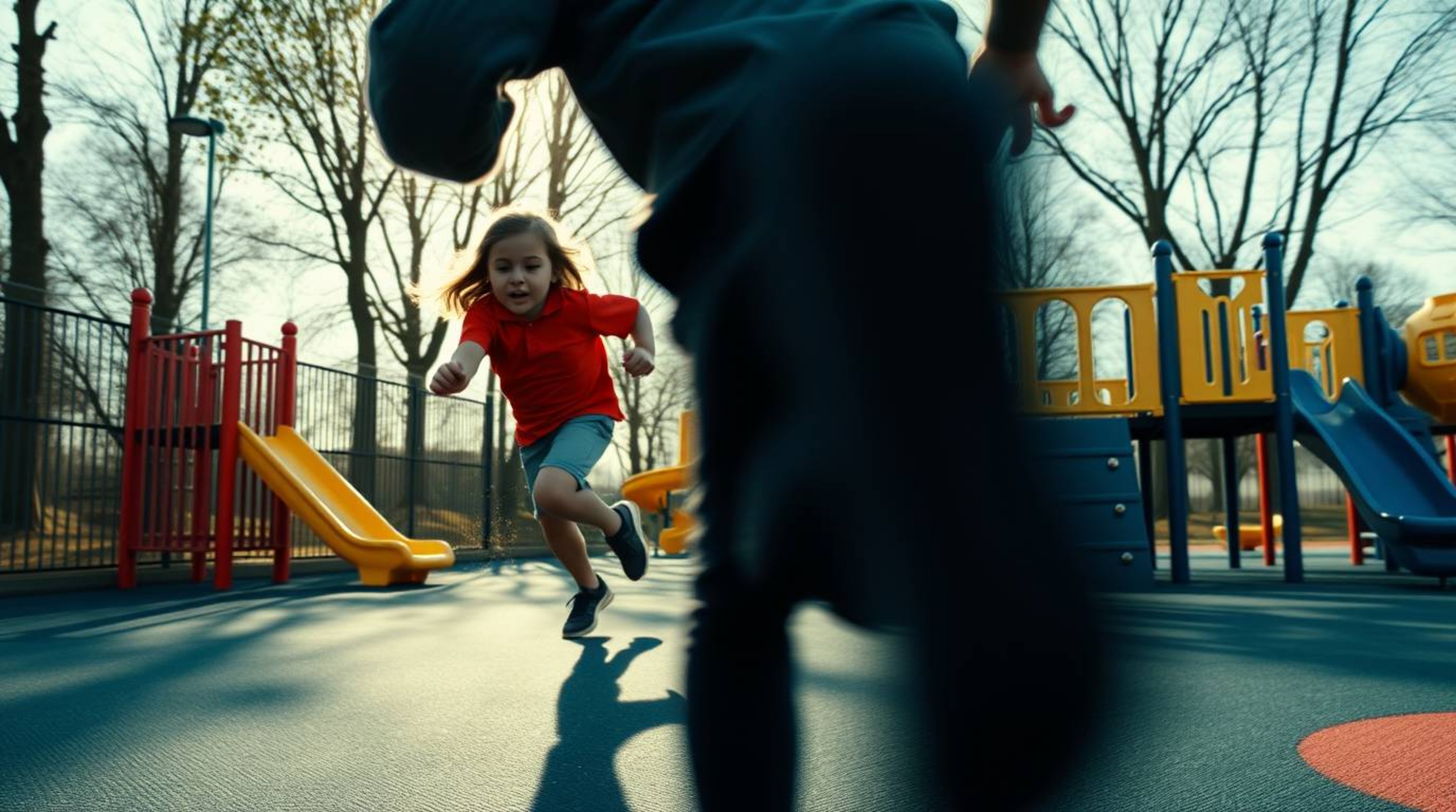 Experience the thrill of a dramatic slow-motion run through a playground, captured in stunning detail with a split-screen eff