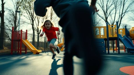 Experience the thrill of a dramatic slow-motion run through a playground, captured in stunning detail with a split-screen eff