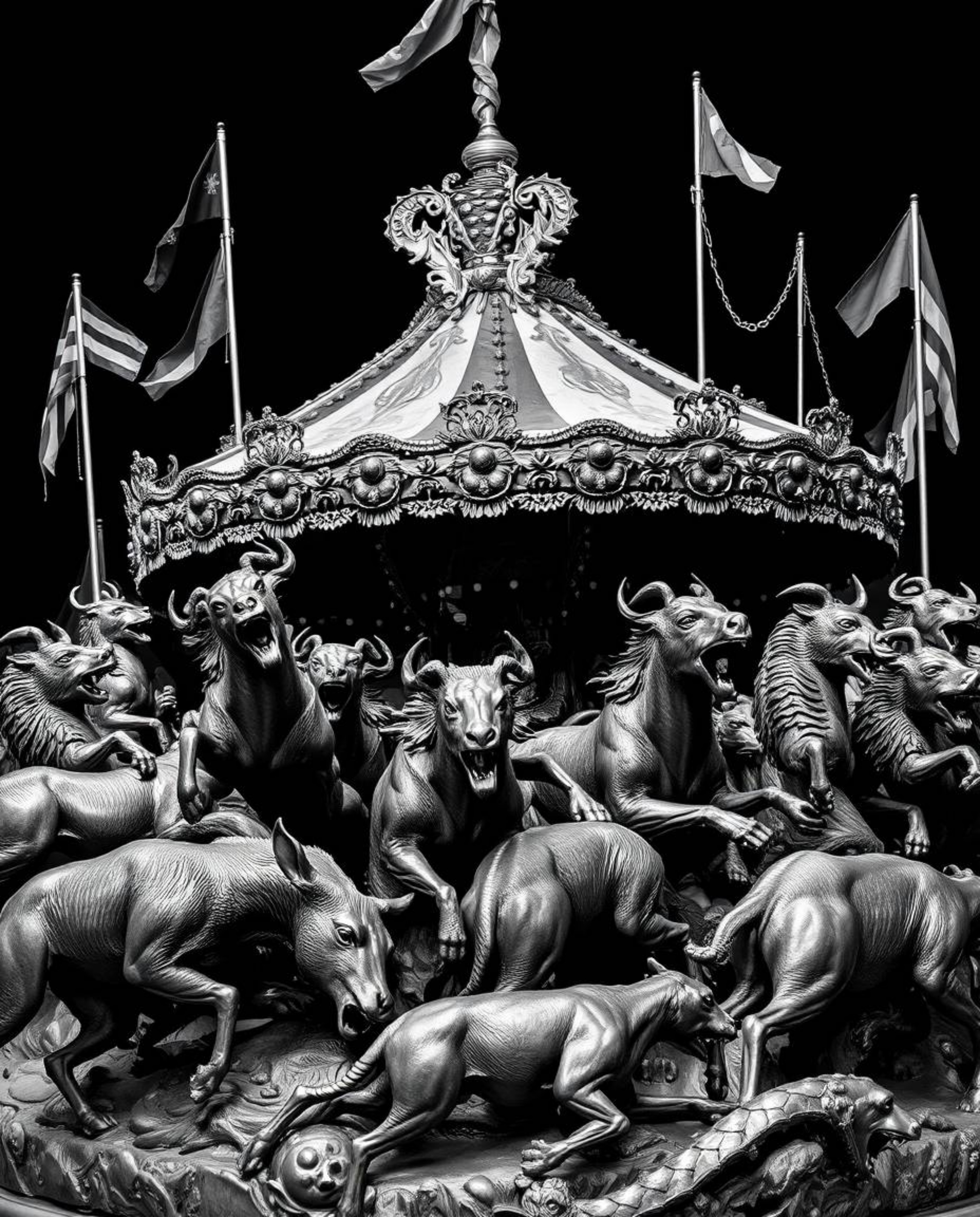 A captivating black and white image portrays a carnival scene dramatically overtaken by wild animals. The image is meticulous