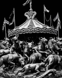 A captivating black and white image portrays a carnival scene dramatically overtaken by wild animals. The image is meticulous