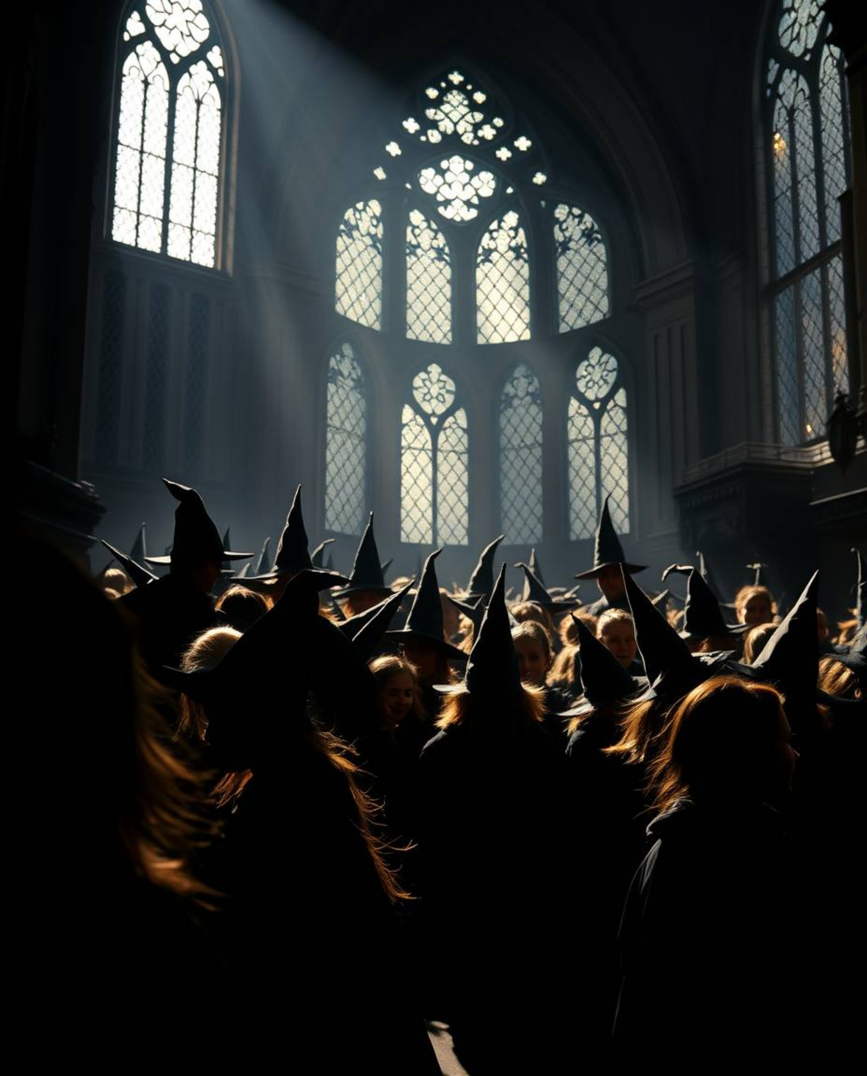 Experience the enchanting world of a magical school through a tight close-up shot.  The image showcases young wizards silhoue