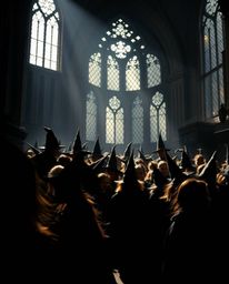 Experience the enchanting world of a magical school through a tight close-up shot. The image showcases young wizards silhoue