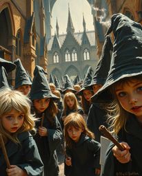 This close-up oil painting captures the enchanting essence of a magical school teeming with young wizards. Rendered in a clas