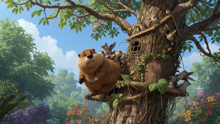 A high-resolution, commercially professional, Pixar-inspired stock photo shows a beaver busily constructing an intricate, stu
